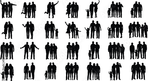 Black silhouettes of diverse families and groups of friends standing together with children isolated on white background for social community concept,