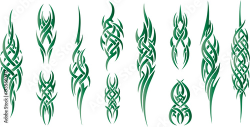 Set of 10 green tribal tattoo designs vector