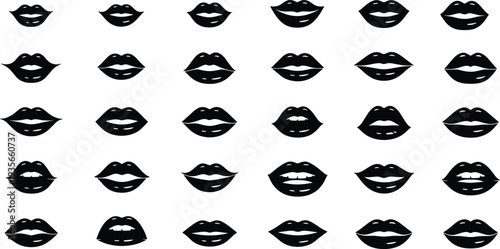Collection of lips silhouettes with various shapes and expressions, beauty and makeup design elements isolated on white background for cosmetic branding