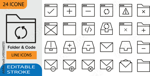 Folder File and Code Line Icons Set – Email, Archive and Interface Outline Vector Icons with Editable Stroke