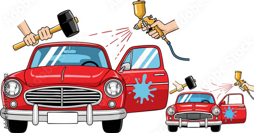 Set of 2 cartoon damaged cars vector