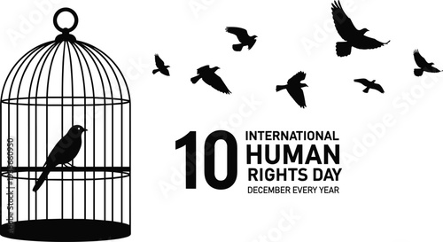 Human rights day illustration, birdcage confinement, flying birds freedom, symbolic liberation artwork, international celebration, December tenth annual observance design