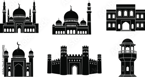 Islamic architecture silhouettes, mosque domes and minarets, South Asian palace design, fortified castle illustration, cultural heritage building, traditional ornamental artwork