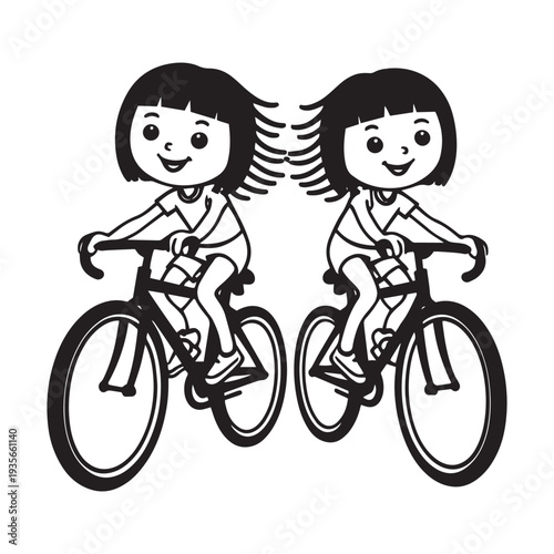 Two smiling cartoon girls ride bicycles, black and white outline vector illustration with youthful energy, depicting healthy outdoor activity and happiness
