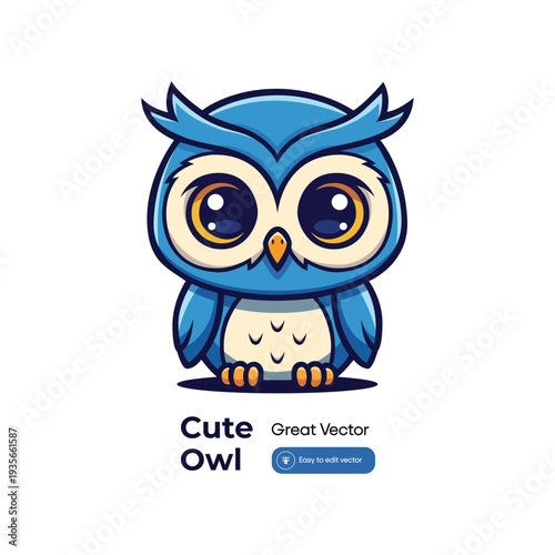 Cartoon Cute Blue Owl Isolated Illustration Flat Design for Kids