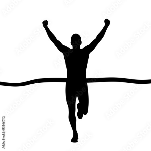 Silhouette of a runner crossing the finish line with arms raised in victory