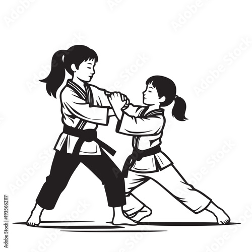 Two young girls in karate gis sparring with each other, one blocking an attack, isolated on a transparent background.