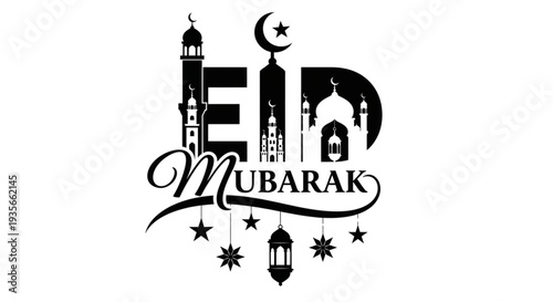 Eid Mubarak Vector Design with Mosque Silhouettes Crescent Moon and Stars Festive Islamic Holiday Greeting Card