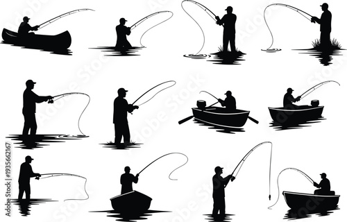 Black silhouettes of fishermen fishing from boats and standing in water isolated on white background for outdoor hobby and sport,
