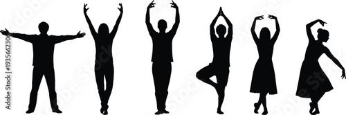 Black silhouettes of people in yoga poses and dance positions isolated on white background for fitness wellness and graceful movement concept