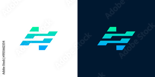 Abstract digital 'H' logo design with vibrant gradient on white and dark backgrounds, symbolizing technology and innovation
