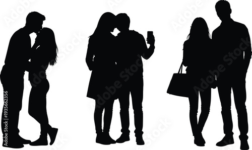Black silhouette collection of romantic young couples kissing, taking a selfie, and walking together isolated on a plain white background