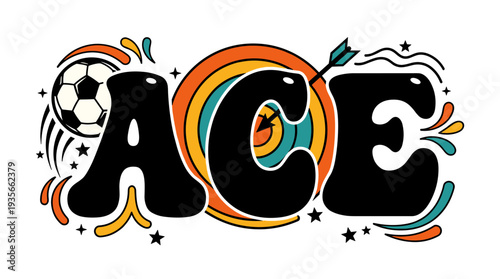 Retro "ACE" typography with soccer ball and bullseye target