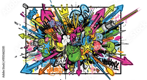Colorful urban graffiti mural with arrows and cartoon characters.