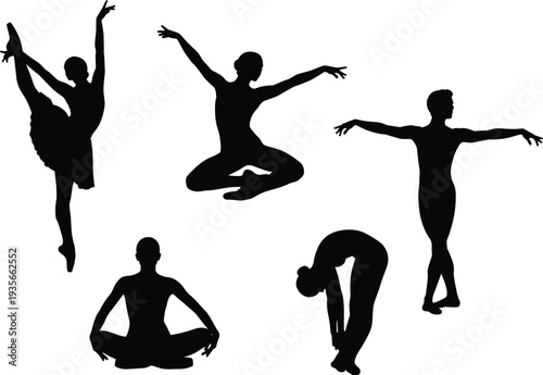 Black skateboarder silhouettes performing ollie and flip tricks, set of isolated vector figures for extreme sports design, urban street culture.