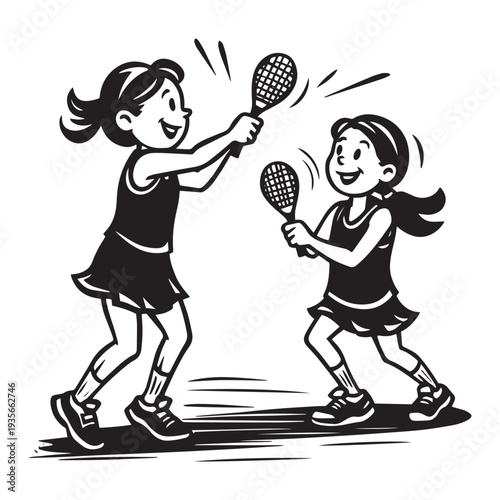 Two young happy female badminton players with rackets hitting shuttlecock over net in black and white vector illustration
