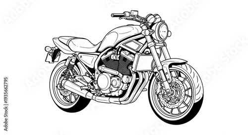 Detailed Line Drawing of Motorcycle Vehicle.