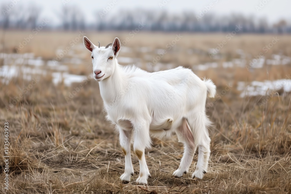 Obraz premium Bright white goat standing gracefully in a golden meadow under a soft winter sky near the edges of a tranquil pasture