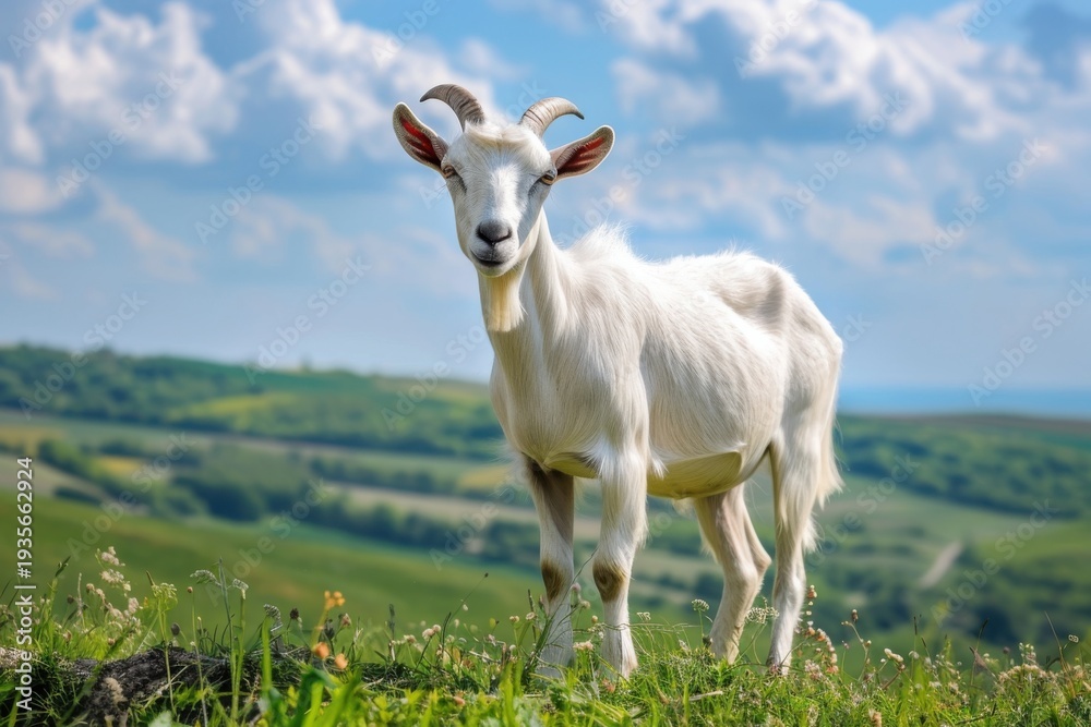 Obraz premium Majestic white goat stands gracefully on a vibrant green hill under a blue sky filled with fluffy clouds