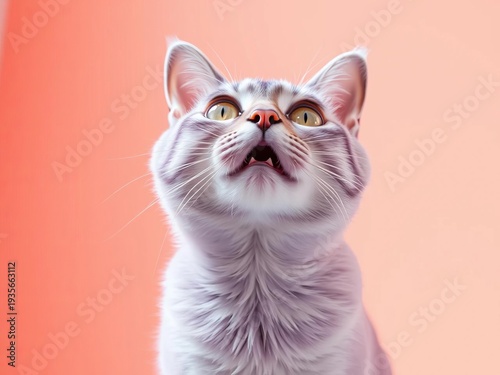 Bewildered lilac cat, mouth ajar in awe, suspended against a soft coral void, pastel dream,  open mouth, astonished cat