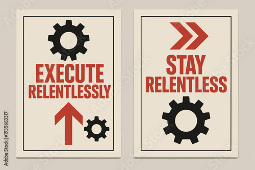 Brutalist Relentless Banners. Execute relentlessly. Two vertical A6 banners with safe margins, centered composition, no elements touching edges, brutalist,