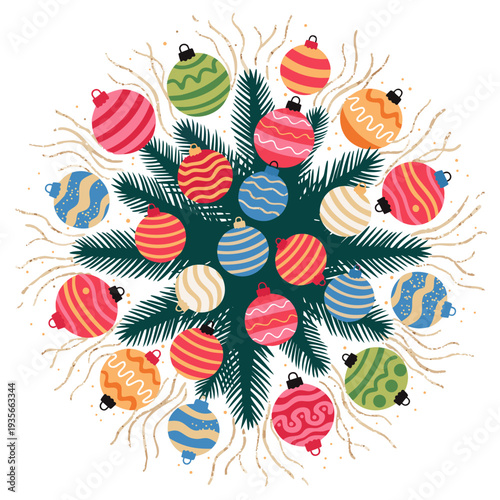 Colorful Christmas Tree Branches with Ornaments and Decorations Viewed from Above in CxxXty Style