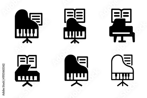 Piano Logo Variations. Piano and sheet music. Icon set. Set Logo of Piano and sheet music: music stand with score. harmonious logo variations of the same