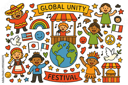 Global Unity Celebration. Global unity festival. Colorful Hand-drawn doodle Children illustration Global unity festival Earth globe, people in costumes, flags,