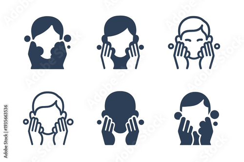 Face Wash Iconography. Washing your face. Icon set. Set Logo of Washing your face: foam bubbles on face. harmonious logo variations of the same emblematic
