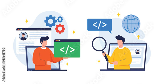 Professional male programmers developing and debugging software projects, a contemporary vector graphic illustration.