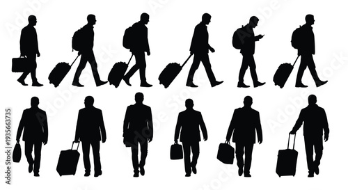 Collection of black silhouette vector illustrations depicting male travelers walking with luggage and backpacks