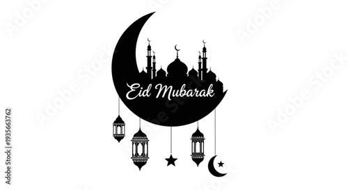 Joyful Eid Mubarak Greeting Card Design with Mosque Crescent Moon and Lanterns for Islamic Celebration