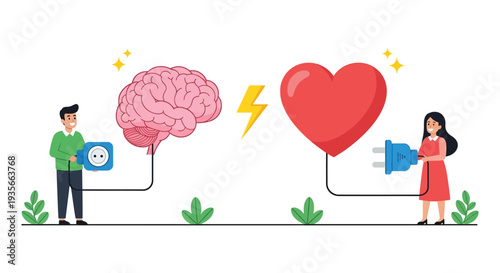 Vector illustration depicting the powerful connection between logical thinking and emotional intelligence in human decision-making.