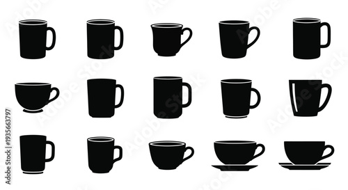 Set of diverse vector coffee mugs and tea cups illustration graphic collection for hot beverages