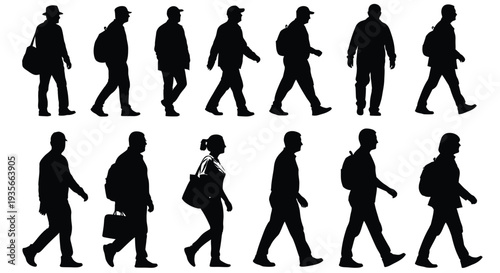 Group of walking vector graphic human silhouettes carrying various bags, isolated illustration design elements.