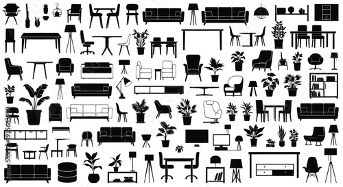 Diverse collection of household furniture and decorative plant elements depicted in a clean vector graphic design.