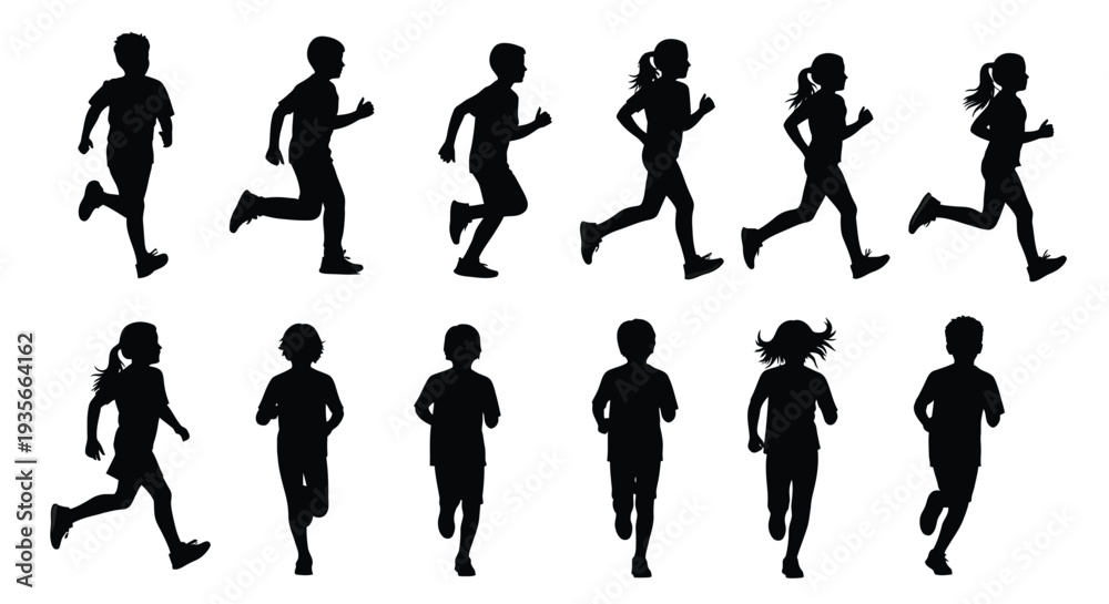 Fototapeta premium Dynamic vector graphic illustration featuring a diverse group of children running and playing vigorously.