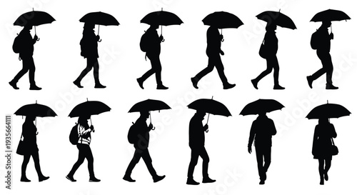 Collection of various silhouette vector graphics depicting people walking while holding umbrellas during rainfall
