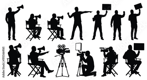 Professional vector illustration showcasing various human silhouettes engaged in media production, protest, and communication roles.