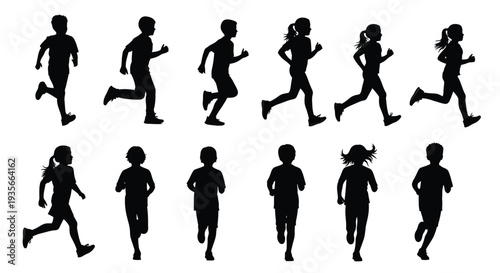 Dynamic vector graphic illustration featuring a diverse group of children running and playing vigorously.