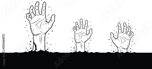 Creepy zombie hands rising from ground horror illustration, spooky undead arms emerging dirt, Halloween concept, scary sketch style isolated vector artwork