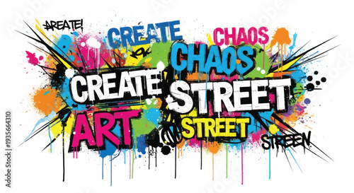 Colorful urban street art graffiti with creative words and paint splatters.
