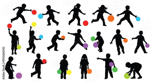 Joyful vector illustration of diverse children playing various games with colorful balls and having fun.