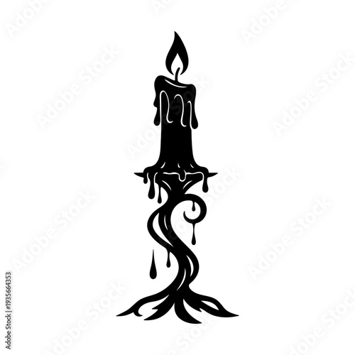 Silhouette of a burning candle with melting wax on an ornate vintage stand