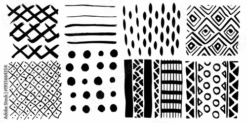 Abstract black and white brushstroke patterns arranged in a grid layout