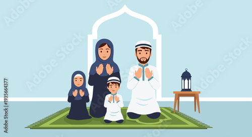 Praying Ramadan Kareem Night Illustration with Mosque, Lanterns, Crescent Moon and Iftar Dates