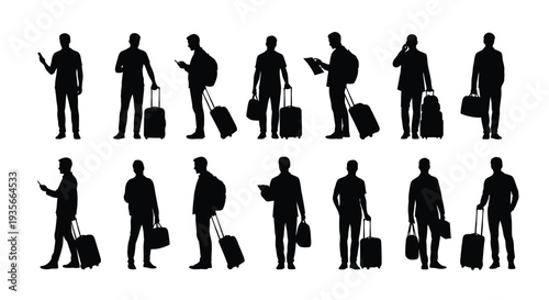 Collection of businessman silhouettes walking and standing while managing luggage and mobile devices for travel