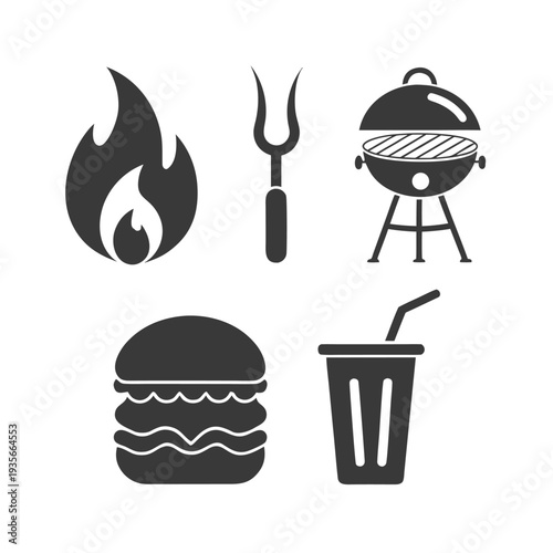 Black and white of a flame, barbecue fork, grill, burger, and drink with a straw