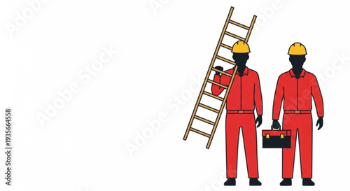 Two construction workers with ladder and toolbox.