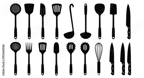 Collection of black silhouette vector icons representing various essential kitchen utensils and cooking tools.